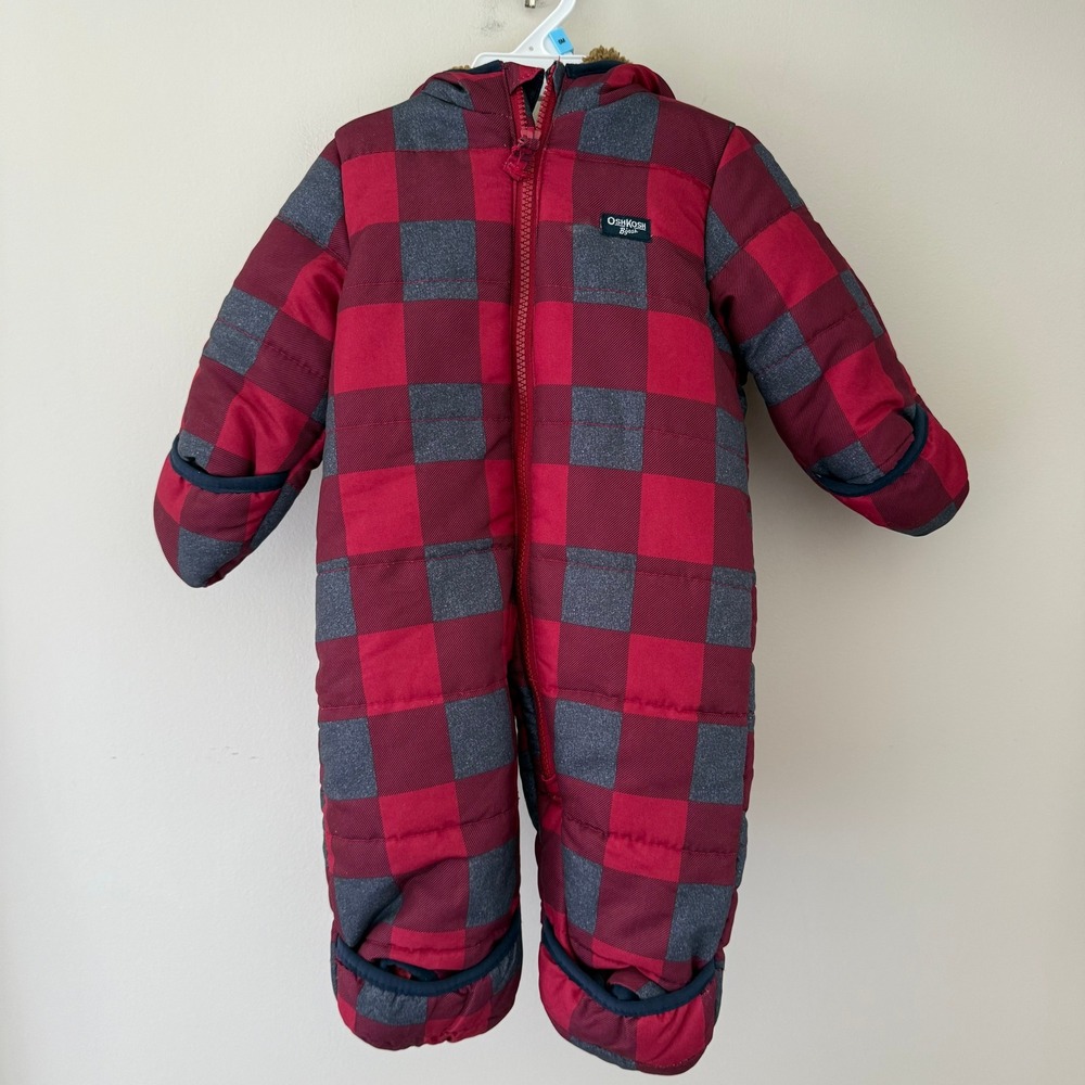 OshKosh Bgosh Baby 3/6M Red Grey Buffalo Plaid Fleece Lined Hooded Pram Bunting